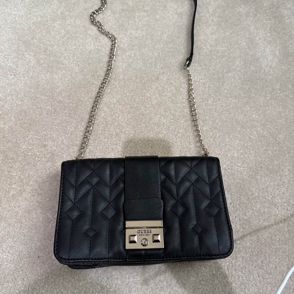 GUESS Black Quilted Crossbody Bag with Silver Chain